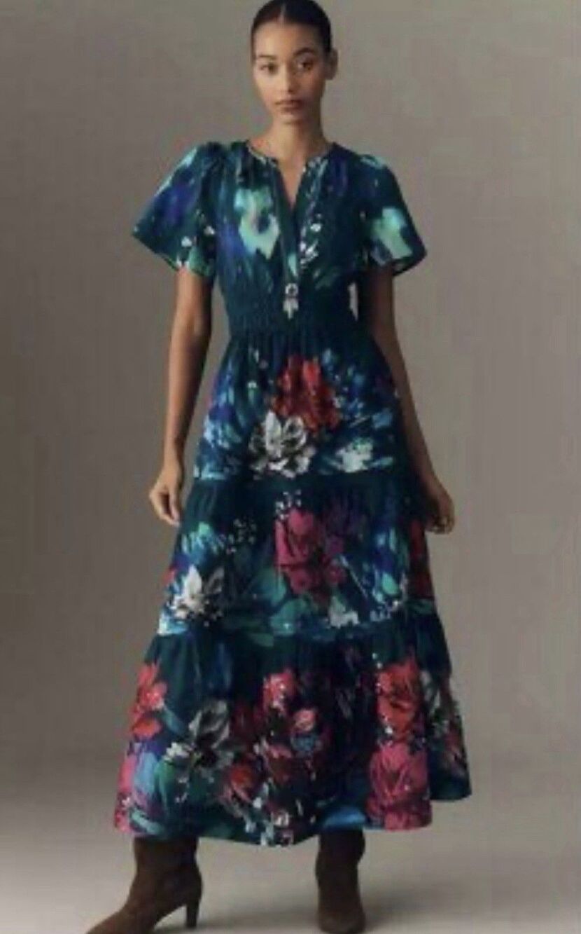 Anthropologie Maxi Dress Somerset Blue Floral Cotton Preppy Vacay Medium NWT